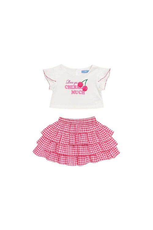 Kız Çocuk Pamuklu Ekru Kiraz Baskılı T-Shirt ve Pembe Pötikare Etek Takım