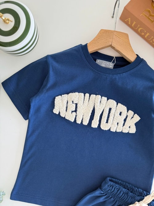 Erkek Çocuk Pamuklu Mavi New York Yazı Aplikeli T-shirt Şort Takım