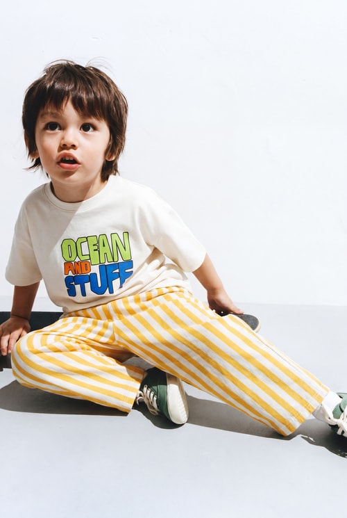 Erkek Çocuk Pamuklu Ocean Baskılı T-shirt Çizgili Eşofman Takım