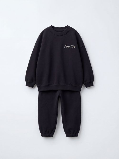 Çocuk Siyah Basic Sweatshirt ve Eşofman Altı Takımı