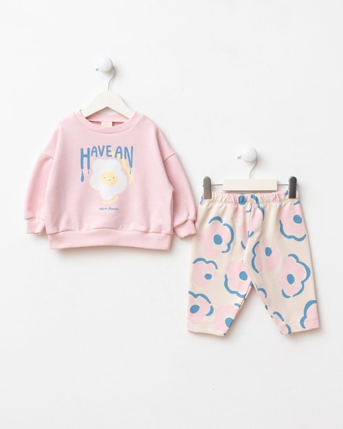 Kız Çocuk Pamuklu Çiçek Baskılı Pembe Sweatshirt ve Desenli Eşofman Takımı