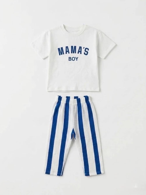 Erkek Çocuk Pamuklu Mamas Boy Baskılı T-shirt Çizgili Müslin Pantolon Takım