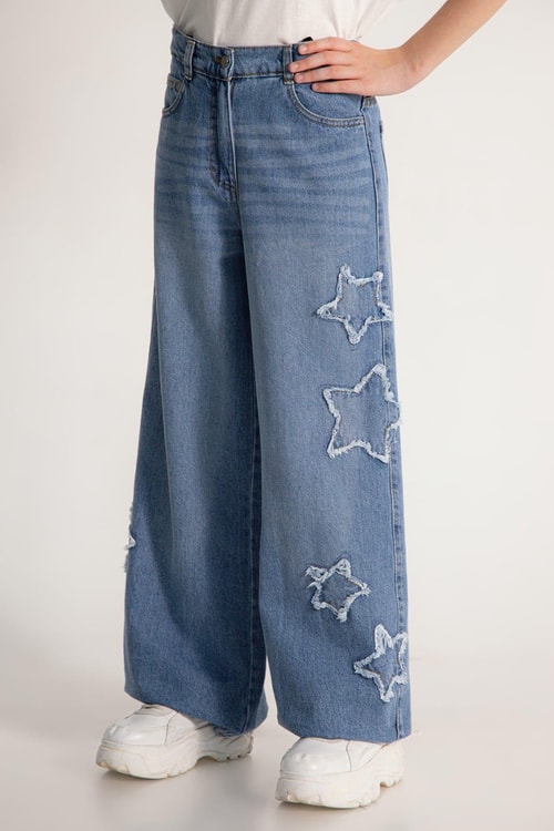 Kız Çocuk Pamuklu Mavi Yıldız Aplikeli Denim Pantolon
