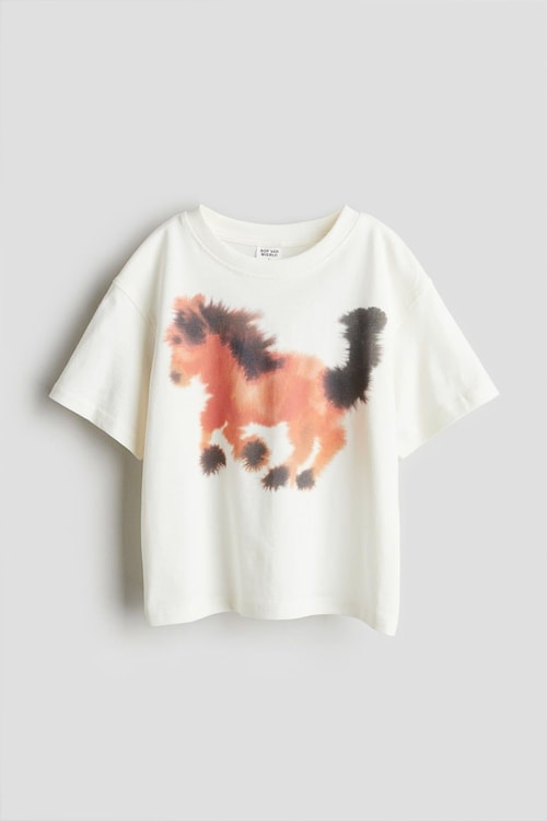 Kız Çocuk Pamuklu Ekru Su Desenli At Baskılı T-shirt - Oversize Kalıp