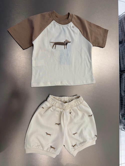Unisex Çocuk Pamuklu Ekru Bej Köpek Nakışlı Tişört Şort Takım