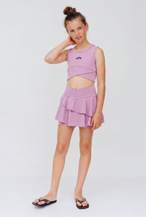 Kız Çocuk Pamuklu Lila Sporcu Mayo Crop Etekli Şort Takım