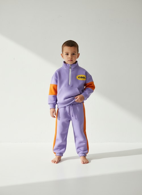 Unisex Çocuk Pamuklu Lila Turuncu Cool Yazılı Zip Eşofman Takımı
