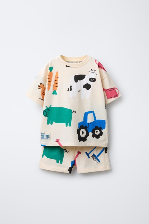 Unisex Çocuk Pamuklu Krem Çiftlik Desenli T-Shirt Şort Takım - Eğlenceli Yazlık Set
