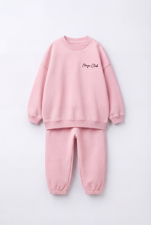 Kız Çocuk Pembe Basic Sweatshirt ve Eşofman Altı Takımı
