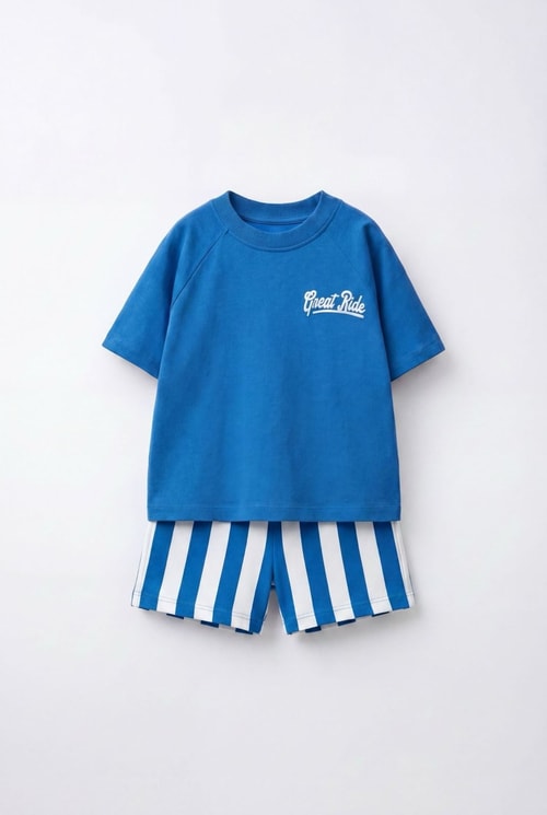 Erkek Çocuk Pamuklu Baskılı T-shirt Çizgili Şort Takım
