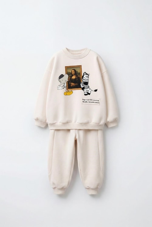 Çocuk Magu ve Milo Desenli Ekru Sweatshirt ve Eşofman Altı Takımı