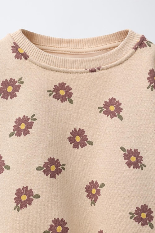 Kız Çocuk Pamuklu Bej Çiçek Desenli Sweatshirt ve Tayt Takımı - Yumuşak Dokulu