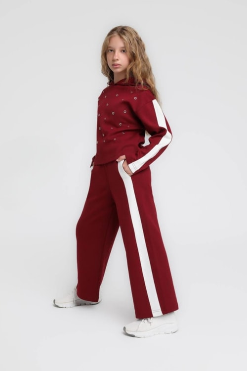 Kız Çocuk Pamuklu Bordo Taş Detaylı Eşofman Takım - Kapüşonlu Sweatshirt Yan Şeritli Pantolon 2li Set