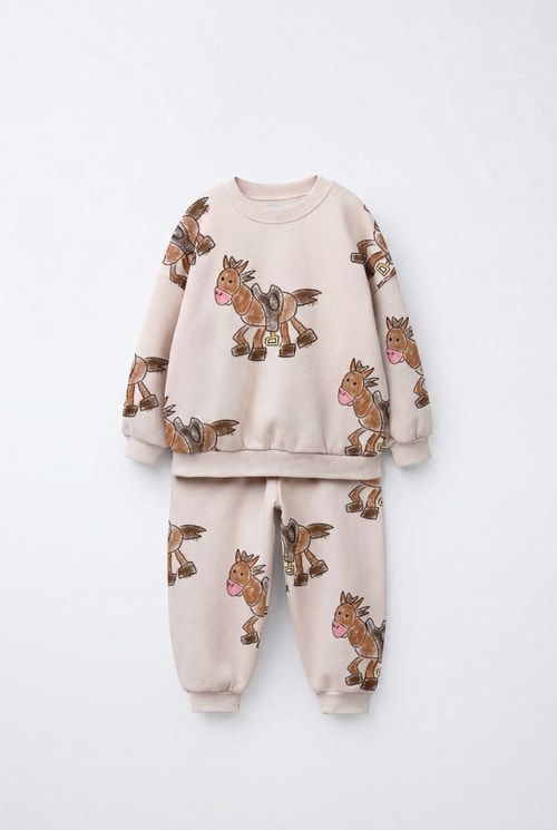 Çocuk Desenli Bej Sweatshirt ve Eşofman Altı Takımı