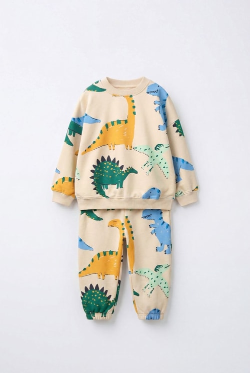 Çocuk Dinozor Desenli Bej Sweatshirt ve Eşofman Altı Takımı