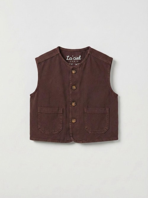 Erkek Çocuk Pamuklu Kahverengi Yelek Pantolon Takım - Düğmeli Cepli Şık Set