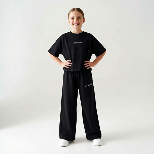 Kız Çocuk Pamuklu Siyah Baskılı T-Shirt Pantolon Takım - Bol Kesim Rahat Set