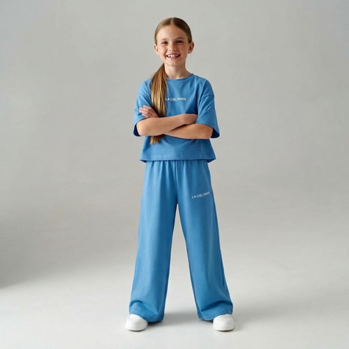 Kız Çocuk Pamuklu Mavi Baskılı T-Shirt Pantolon Takım - Bol Kesim Rahat Set