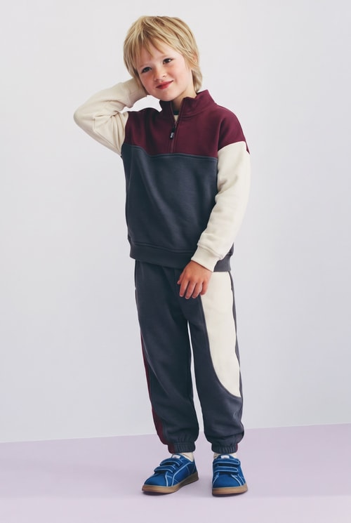 Çocuk Pamuklu Fermuarlı Renk Bloklu Sweatshirt ve Eşofman Altı Takımı
