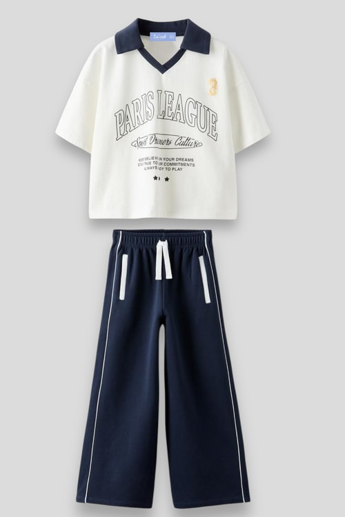 Sloganlı Polo Yaka T-shirt Geniş Eşofman Alt-Üst Takım Kız Çocuk