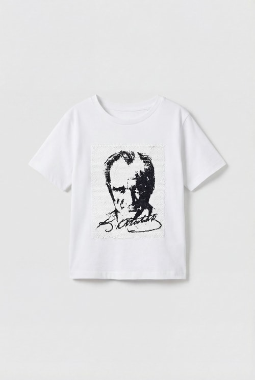 Unisex Çocuk Pamuklu Beyaz Atatürk Desenli T-Shirt