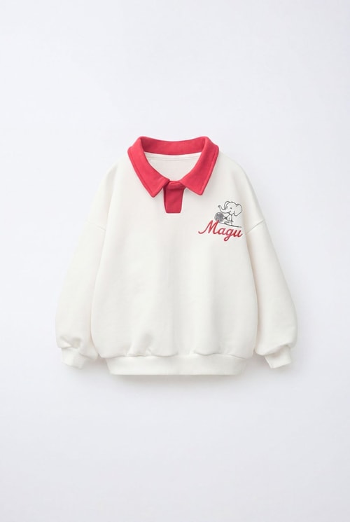 Çocuk Pamuklu Magu Fil Nakışlı Kırmızı Polo Yaka Ekru Sweatshirt