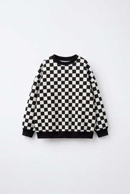 Çocuk Pamuklu Dama Desenli Siyah Beyaz Sweatshirt