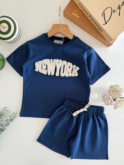 Erkek Çocuk Pamuklu Mavi New York Yazı Aplikeli T-shirt Şort Takım