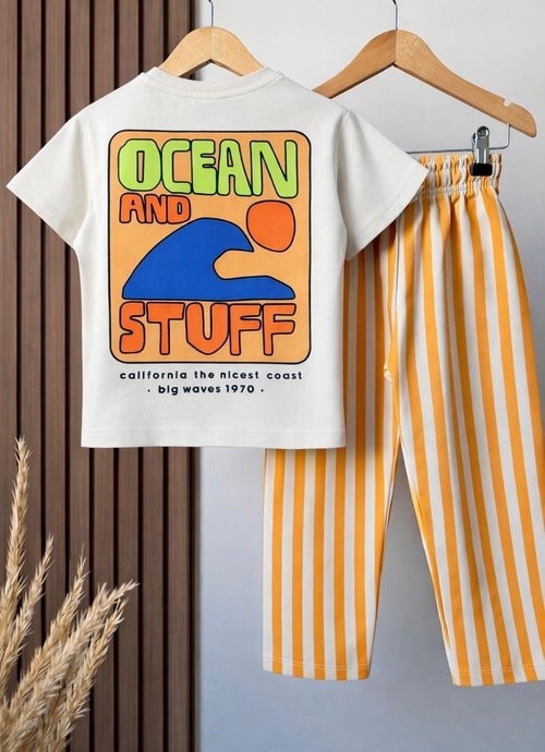 Erkek Çocuk Pamuklu Ocean Baskılı T-shirt Çizgili Eşofman Takım