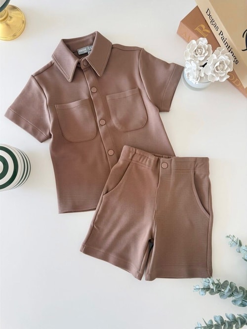 Erkek Çocuk Kahverengi Oversize Gömlek Şort Takım
