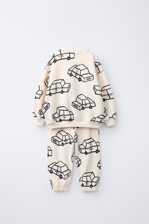 Çocuk Pamuklu Araba Desenli Ekru Sweatshirt ve Eşofman Altı Takımı