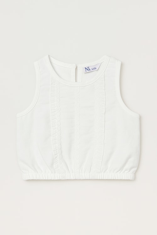 Kız Çocuk Pamuklu Beyaz Dantel Detaylı Crop Bluz