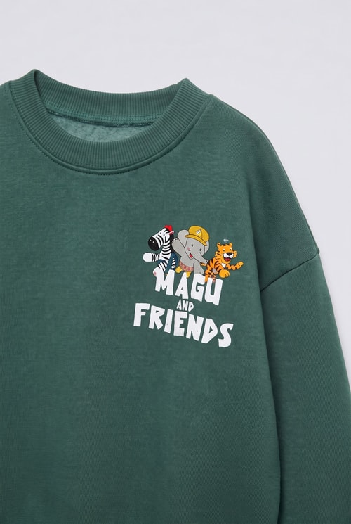 Çocuk Pamuklu Magu Friends Baskılı Yeşil Sweatshirt ve Eşofman Altı Takımı