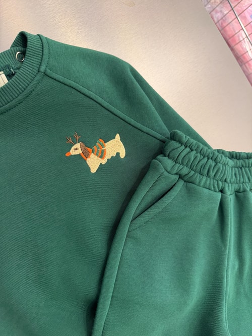 Bebek Pamuklu Köpek Nakışlı Yeşil Sweatshirt ve Eşofman Altı Takımı