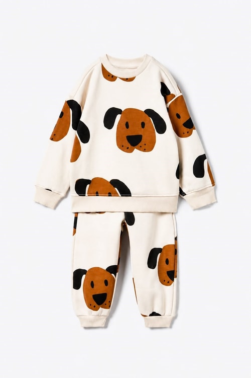 Çocuk Pamuklu Köpek Desenli Ekru Sweatshirt ve Eşofman Altı Takımı