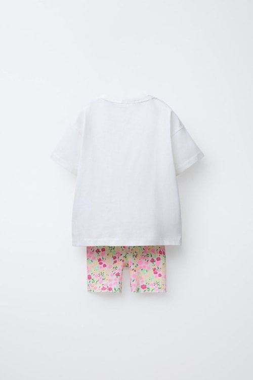 Kız Çocuk Pamuklu Beyaz Kalp ve Fiyonklu Fare Baskılı T-Shirt Şort Takım
