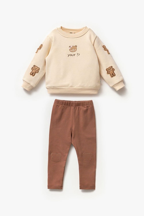 Kız Çocuk Ayıcık Teddy Aplikeli Pamuklu Sweatshirt İspanyol Tayt Alt-Üst Takım