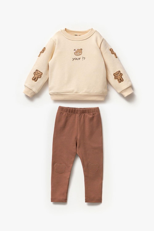 Kız Çocuk Ayıcık Teddy Aplikeli Pamuklu Sweatshirt İspanyol Tayt Alt-Üst Takım