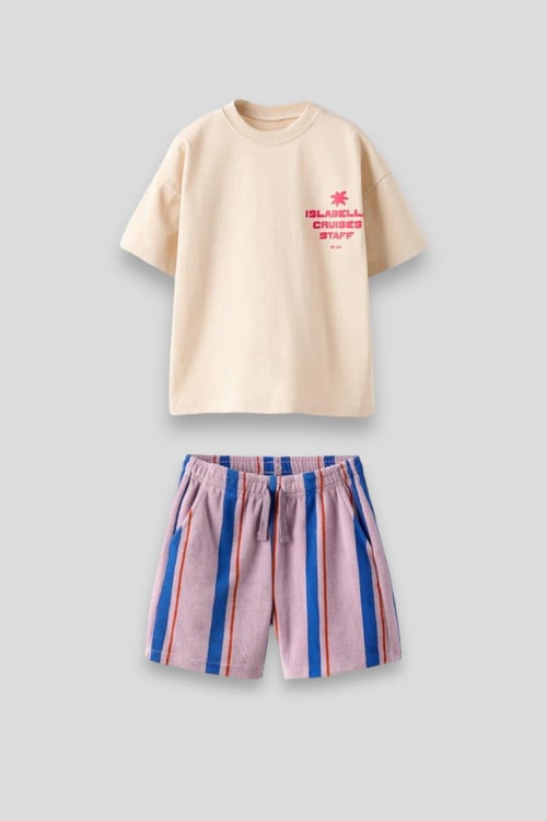 Unisex Çocuk Ekru Çizgili Desenli Pamuklu T-shirt Şort Alt-Üst Takım