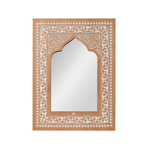 Kubbe Hatlı Çiçek Desen Kazımalı Masif Ahşap Duvar Aynası
