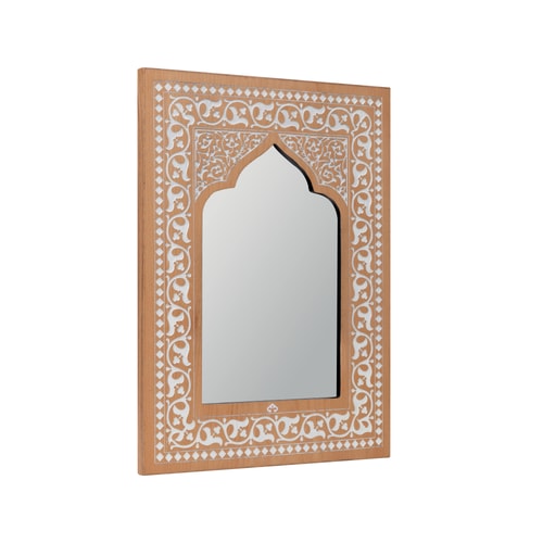 Kubbe Hatlı Çiçek Desen Kazımalı Masif Ahşap Duvar Aynası