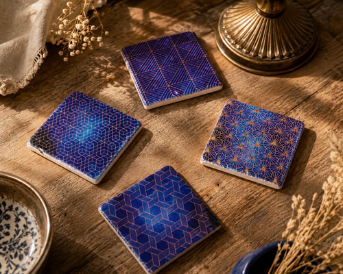 Altın Varaklı Mavi 4lü Traverten Bardak Altlığı