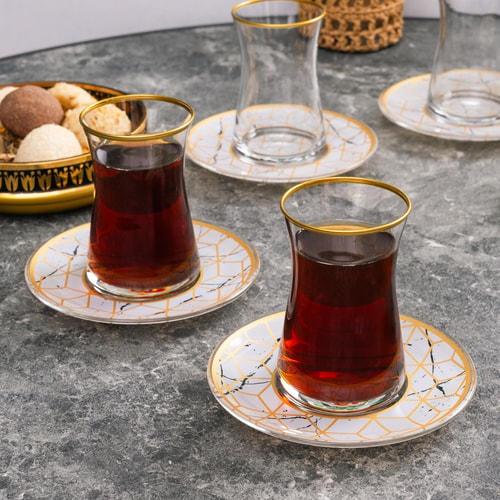 Beyaz Mermer Esintili Cam 12 Parça Çay Takımı Seti