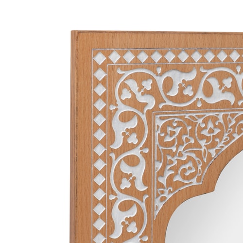 Kubbe Hatlı Çiçek Desen Kazımalı Masif Ahşap Duvar Aynası