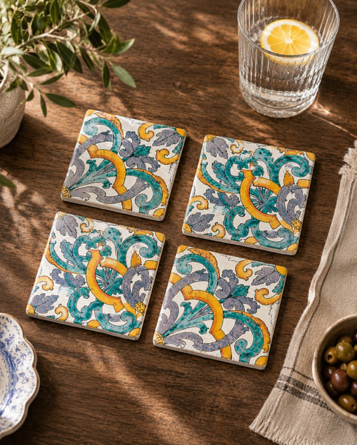 Galata Floral Desen 4lü Traverten Bardak Altlığı