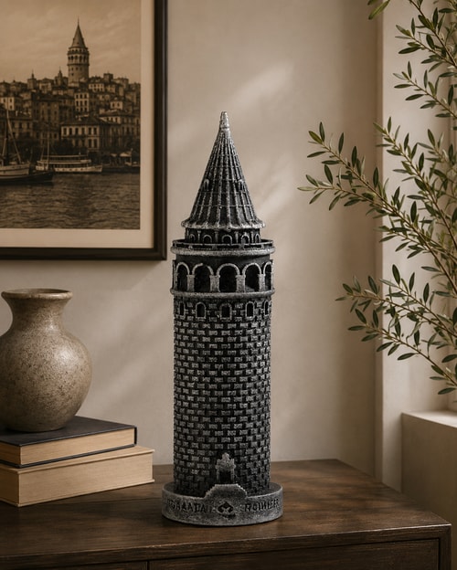 Galata Kulesi Metalik Gri Mermerit Heykel 12,5 cm