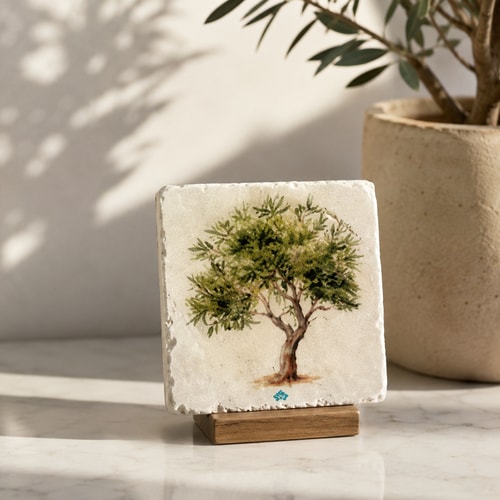 Zeytin Ağacı Desenli Traverten Tekli Bardak Altlığı