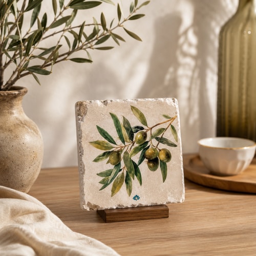 Yeşil Zeytin Dalı Desenli Traverten Tekli Bardak Altlığı