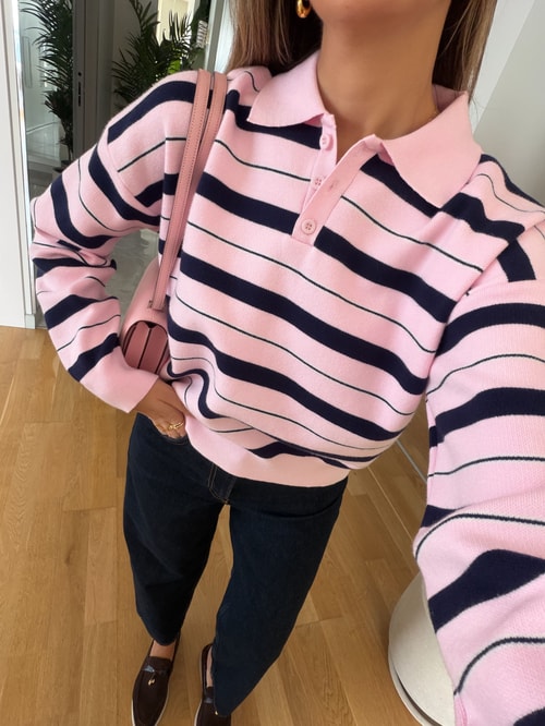  Polo Yaka Düğmeli Triko Bluz - Pembe