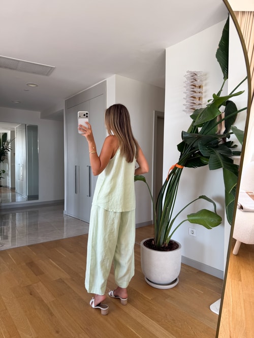 %100 Keten Yelek Pantolon Takım - Mint 
